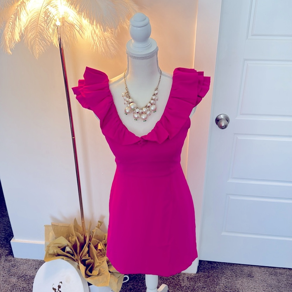 DO + BE Magenta V-neck ruffle shoulder dress!